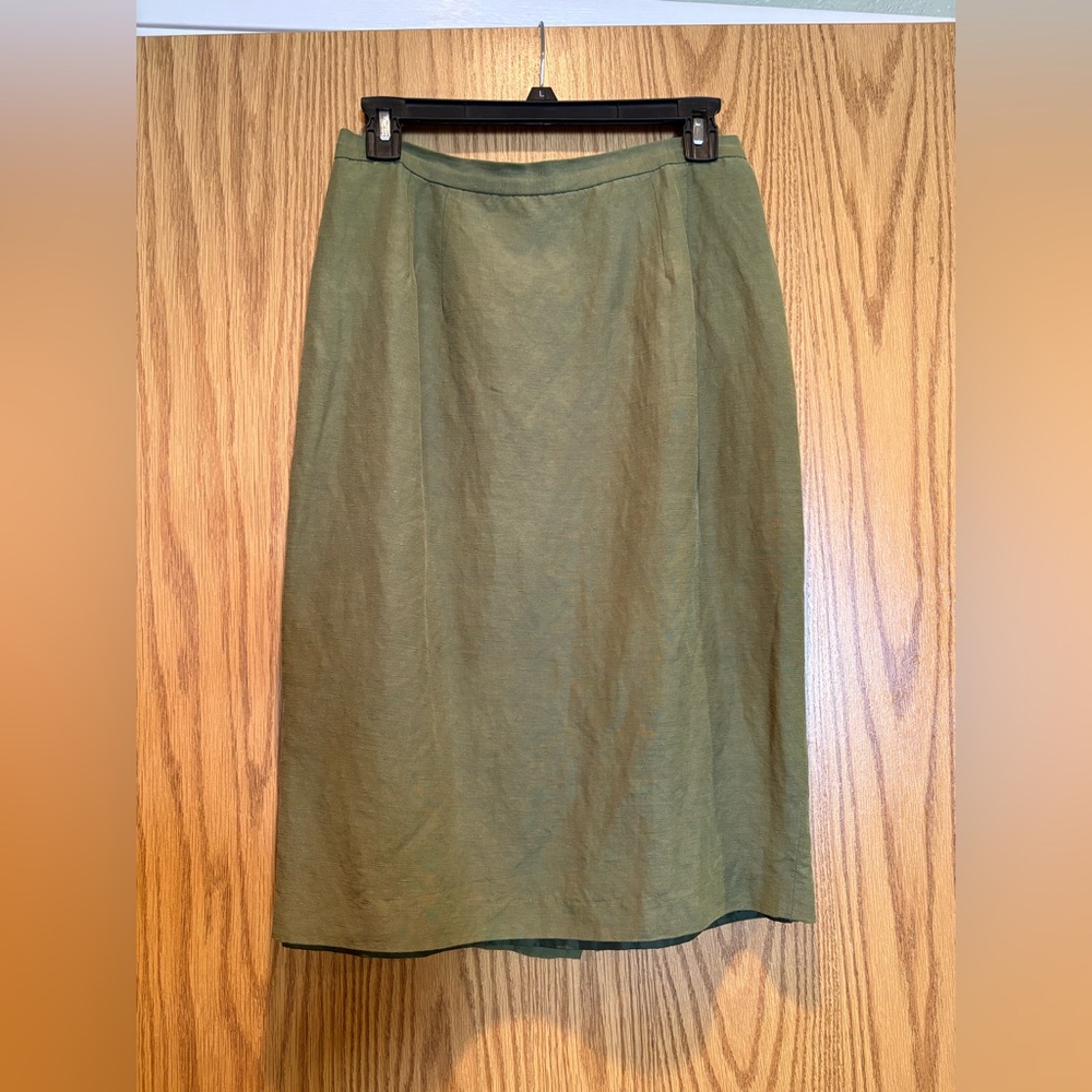 Larry Levine Olive Green Midi Skirt with Back Slit Silk/Linen Blend size 8